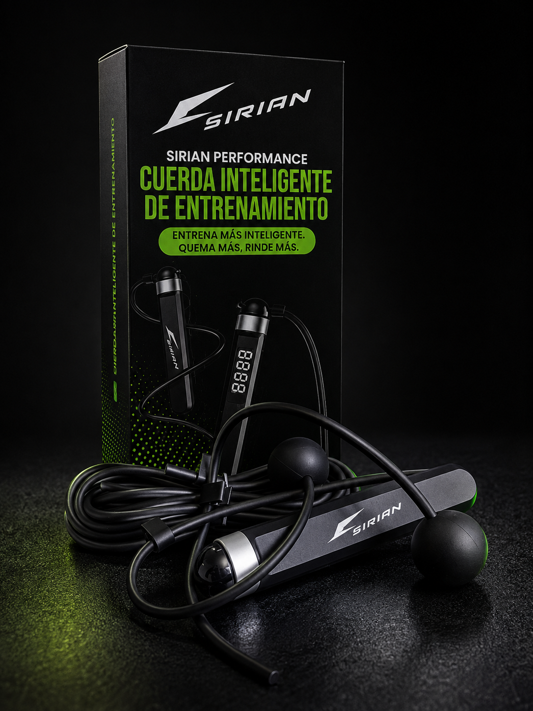 Cuerda inteligente de entrenamiento SIRIAN junto a su caja